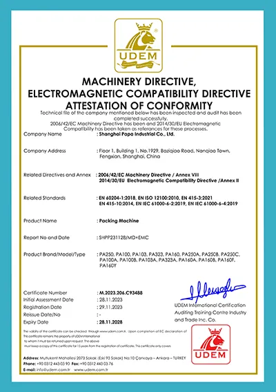 Certificado CE de nuestra máquina de empaquetado